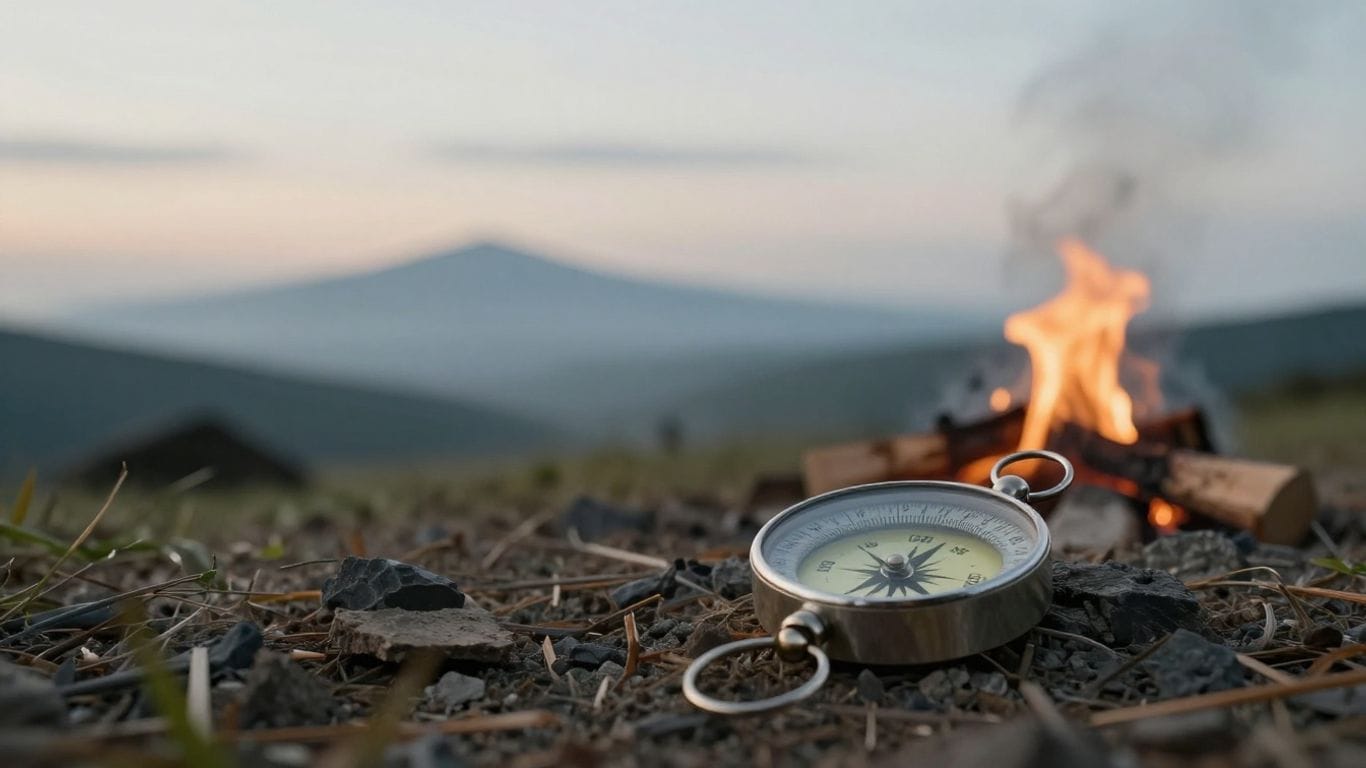Scout compass on ground with campfire and mountain background at sunset.