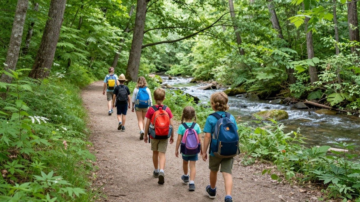 Kids hiking along a trail beside a creek in Olde Rope Mill Park.