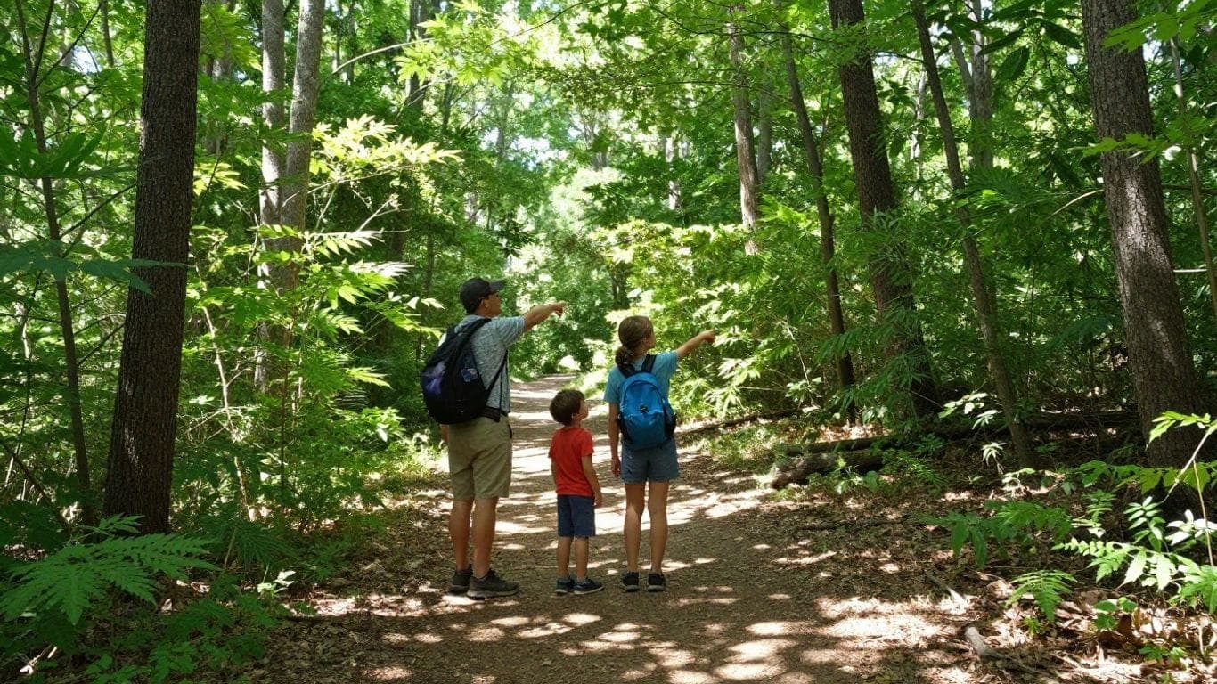 Family hiking in Dawson Forest WMA with children and scout leader.