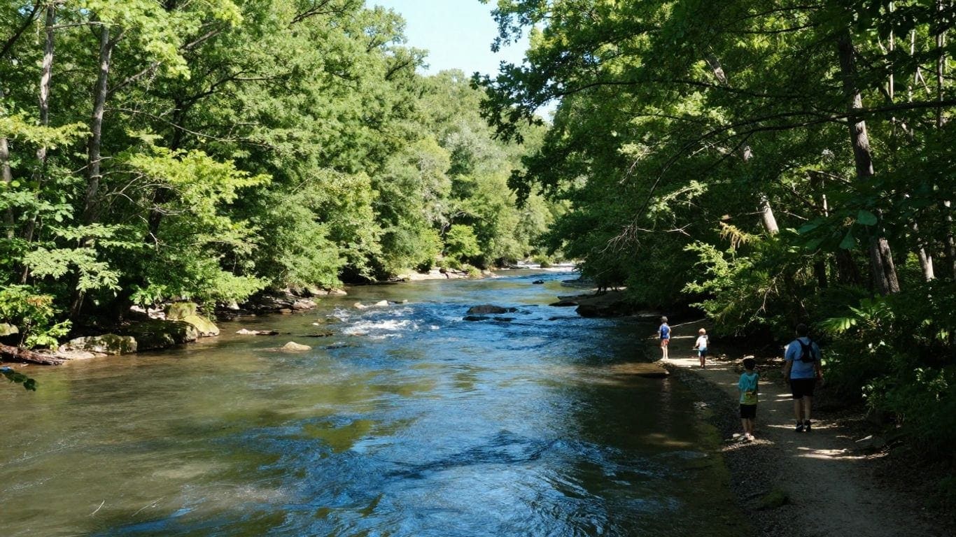 Boy Scouts hiking along a river in North Georgia forest.