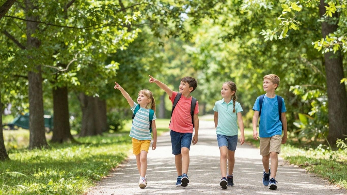 Boy Scout troop hiking on a trail in Roswell, Georgia.