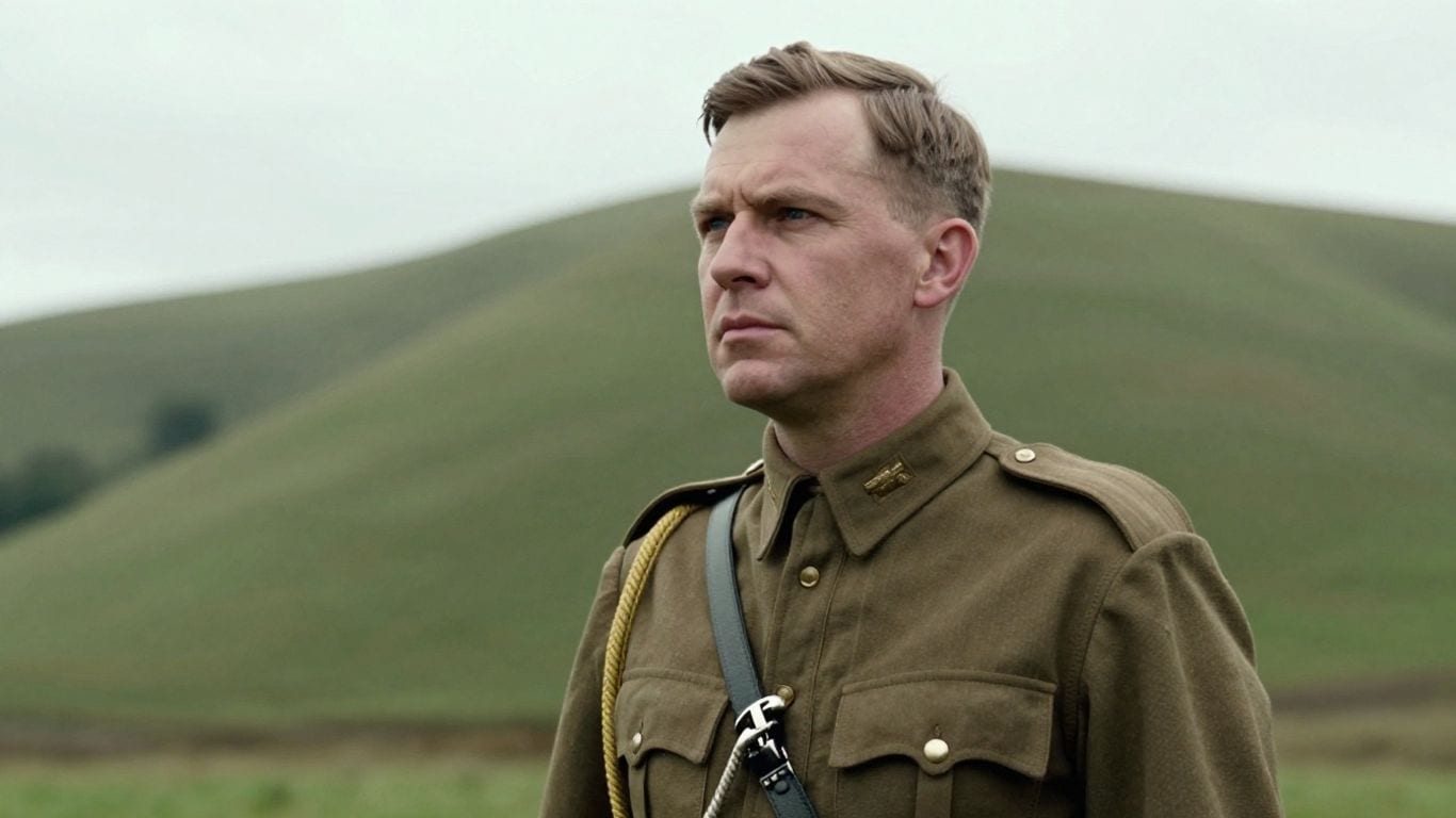 Boy Scout leader in uniform outdoors with rolling hills background.