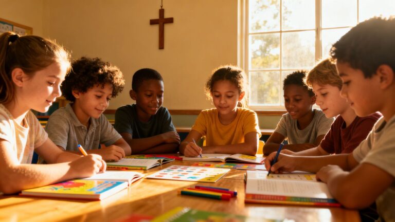 Group of children studying and reading books at a table in a classroom.