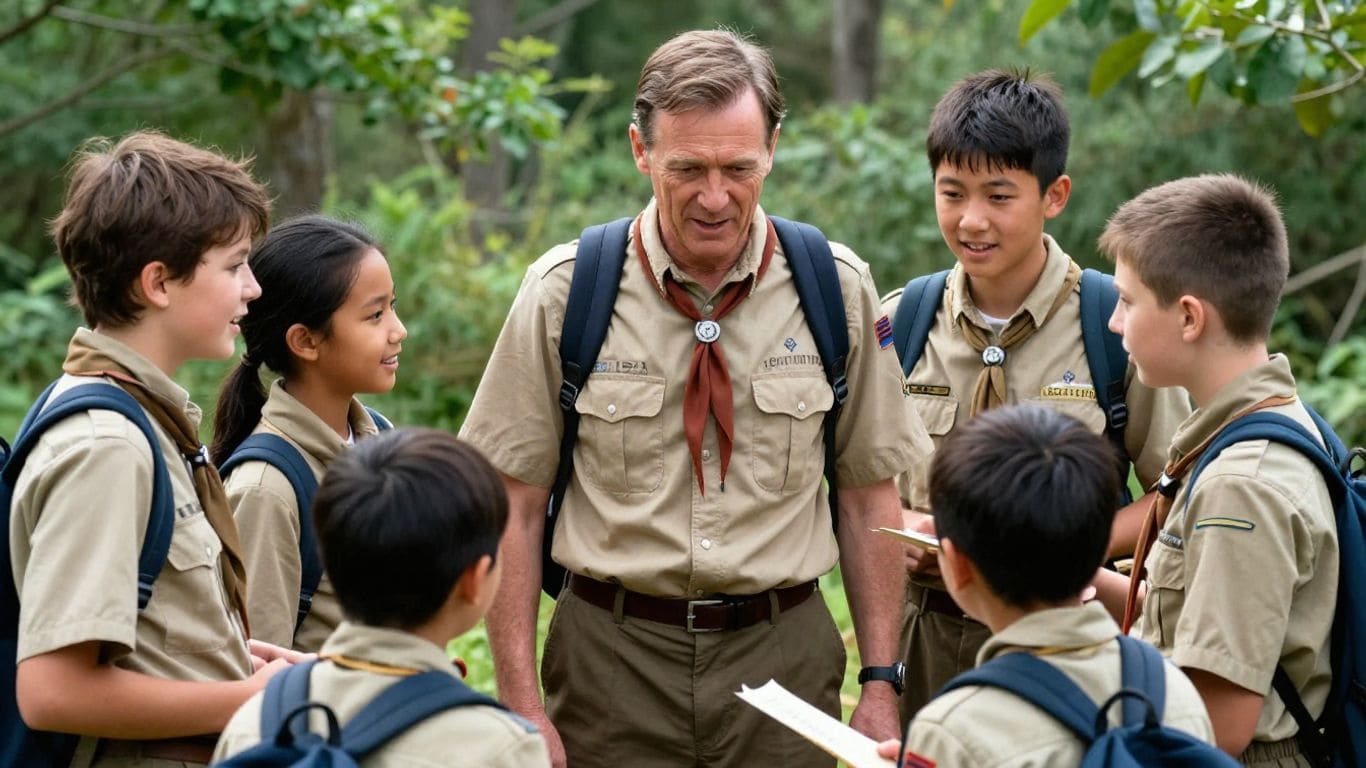 Troop GA-4100 Boy Scouts engaging in outdoor activity with leader in a forest setting.