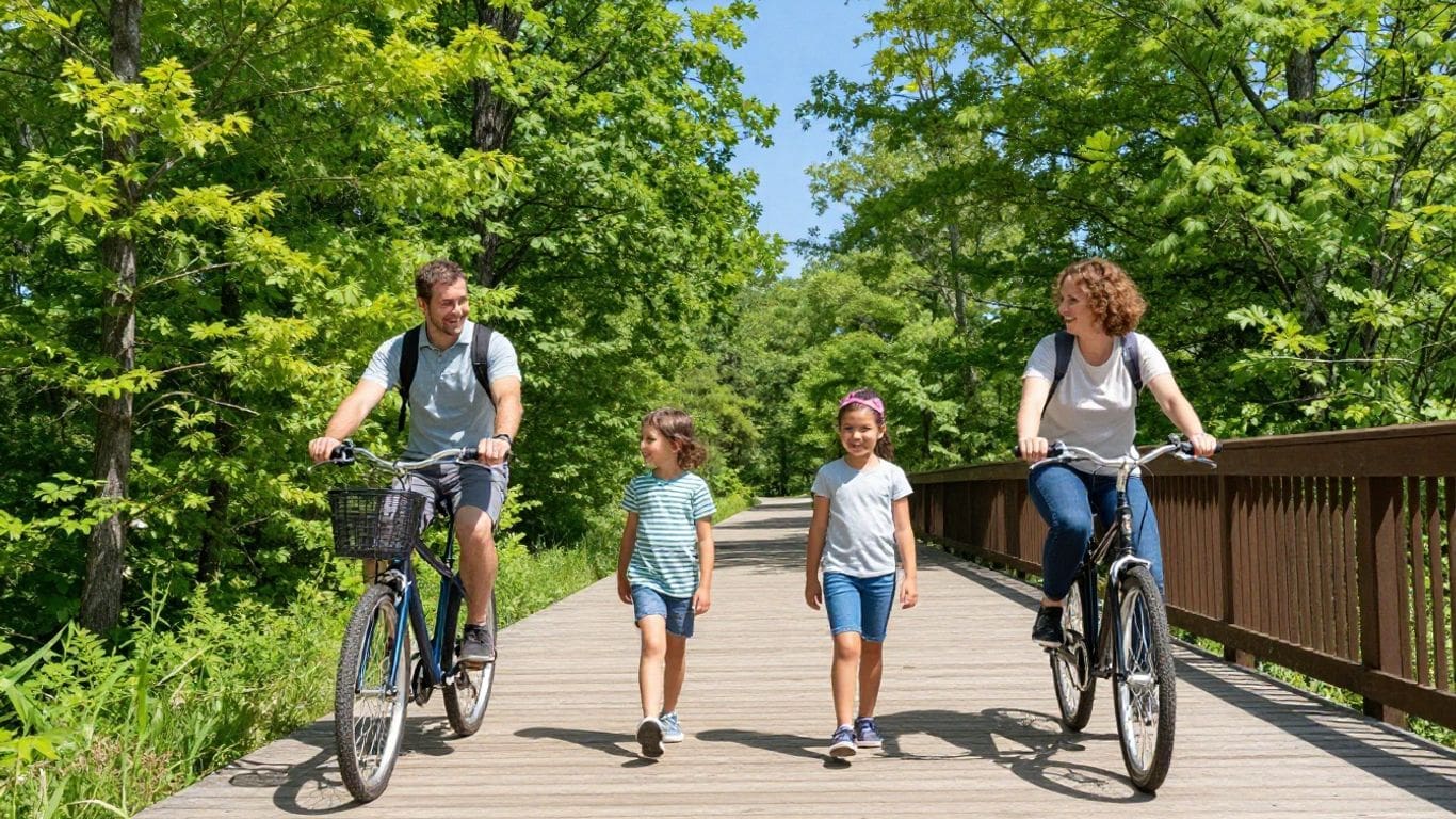 Two adults riding bikes with two children walking on a trail.