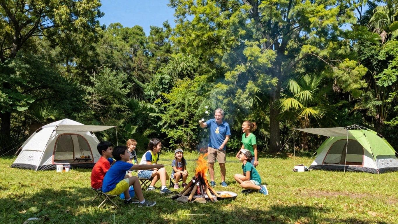 Boy Scout troop camping outdoors near Alpharetta, GA with tents and campfire.