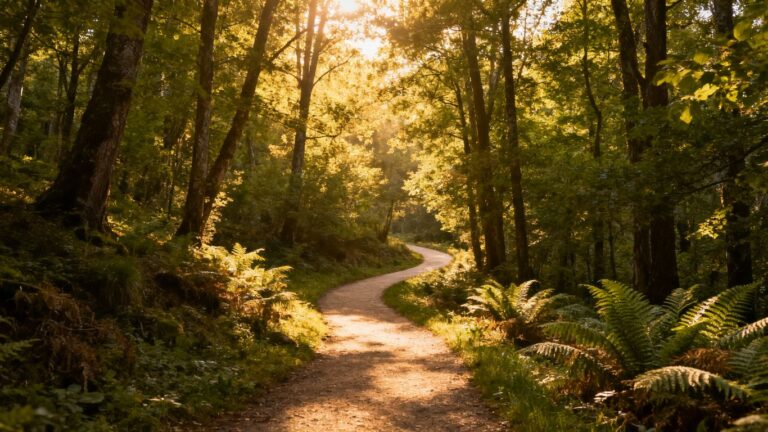 Scenic trail in the woods during golden hour at Chattahoochee Nature Center.
