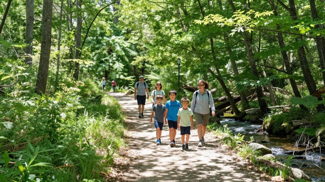 Family hiking trail at Olde Rope Mill Park with children and adults enjoying nature.