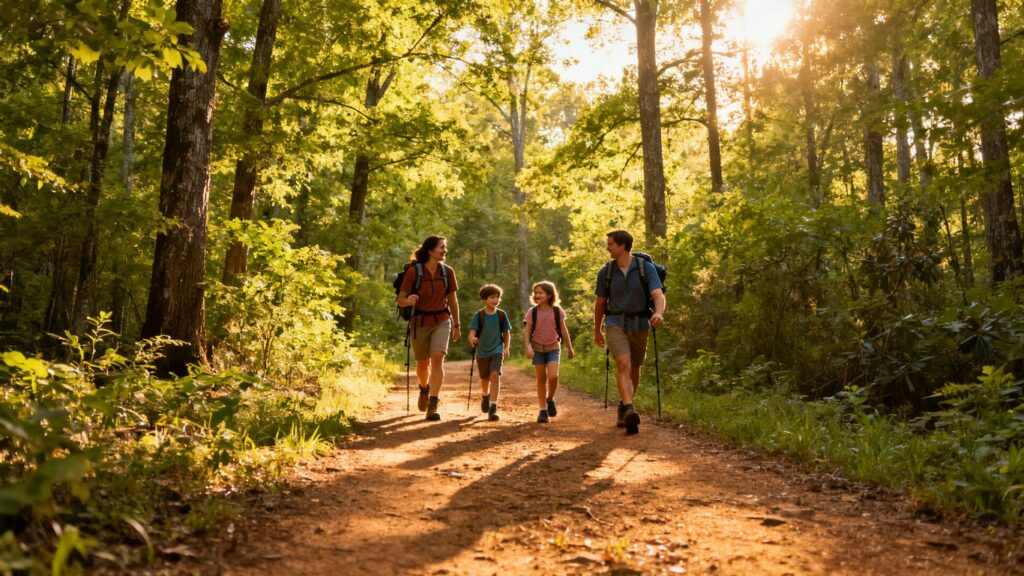 Trail Life troop hiking in Dawson Forest WMA, exploring nature and outdoor skills.