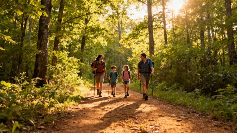 Trail Life troop hiking in Dawson Forest WMA, exploring nature and outdoor skills.