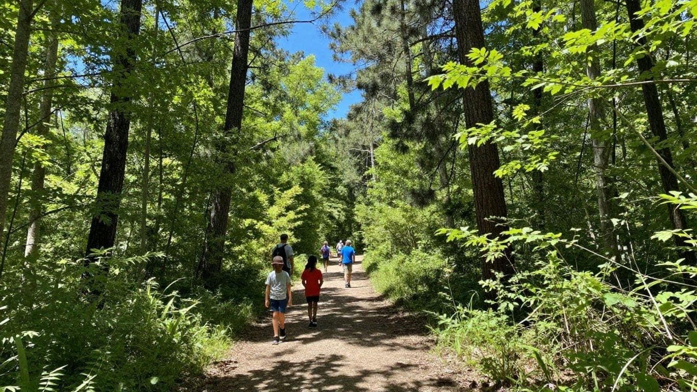 Trail Life USA troop hiking through lush Dawson Forest WMA woods.