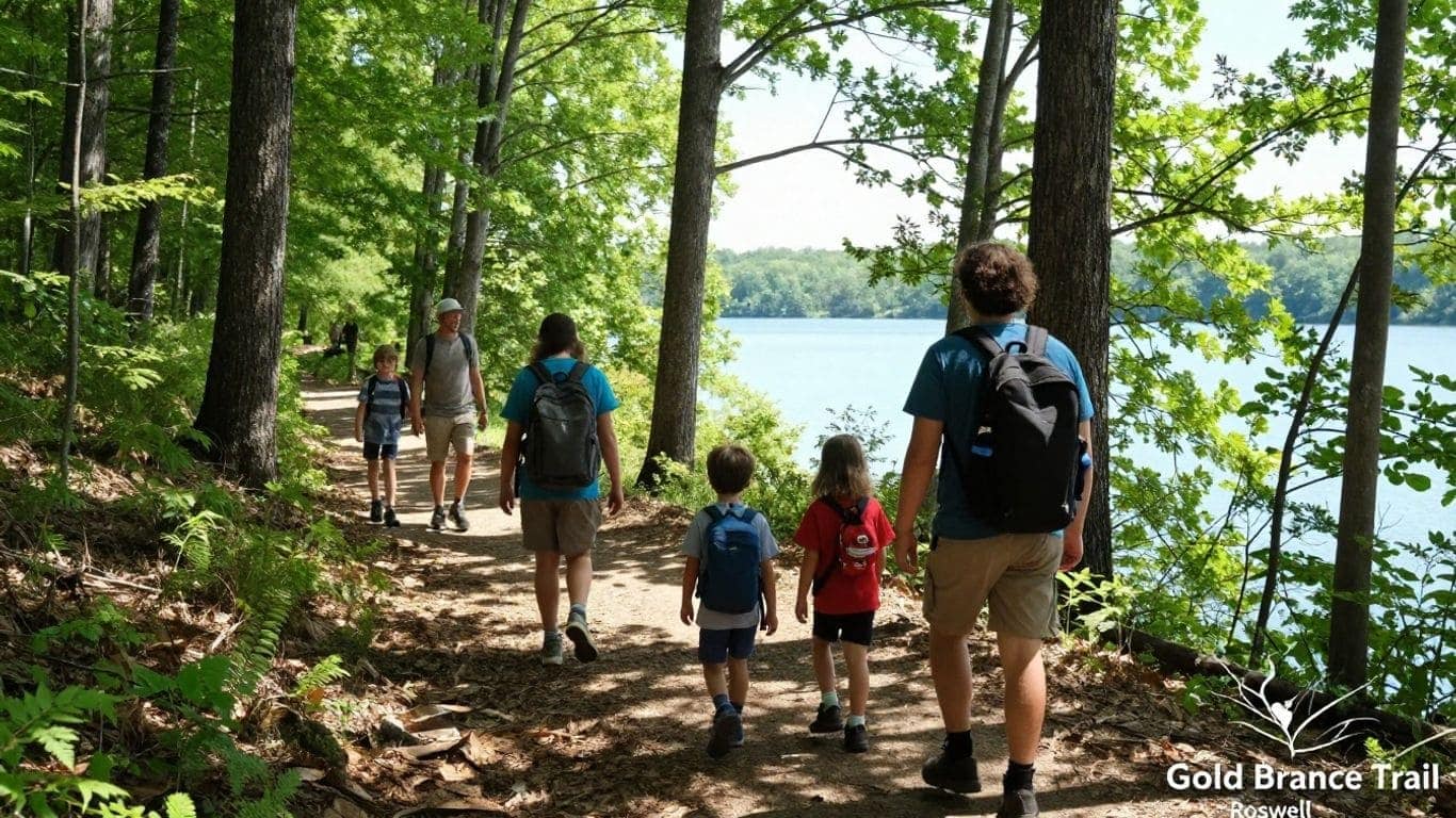 Family hiking on Gold Branch Trail near Roswell, Georgia.