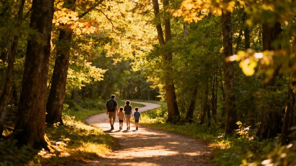 Family hiking on a trail in North Georgia during fall foliage.