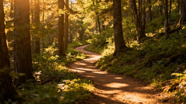 Boy Scout troop hiking on a forest trail in Roswell, Georgia.