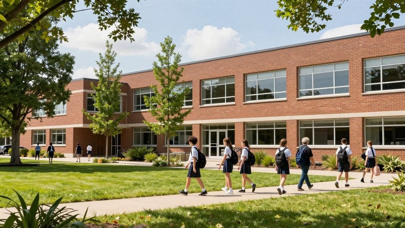 Young boys walking outside a school building.