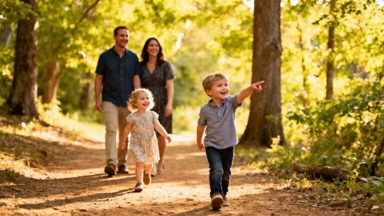 Family hiking with kids in Olde Rope Mill Park during fall.
