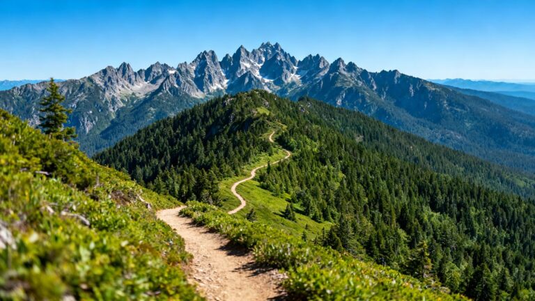 Scenic trail winding through lush green mountains with rugged peaks in the background.