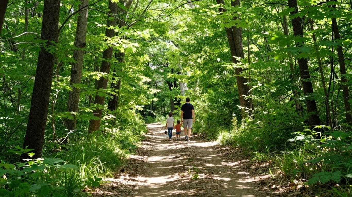 Boy Scout troop hiking on a forest trail at Chattahoochee Nature Center.