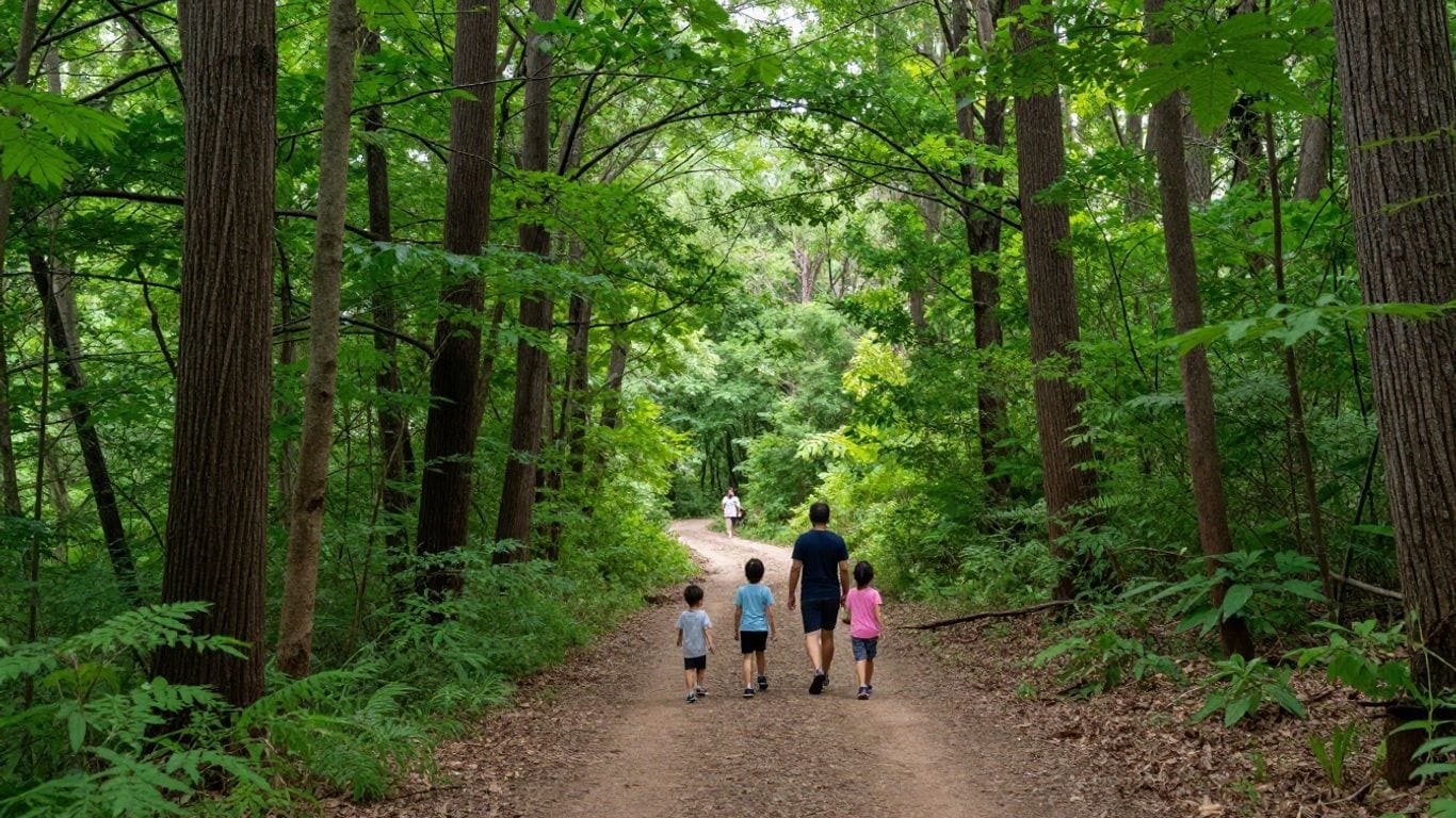 Troop GA-4100 hiking on a wooded trail at Olde Rope Mill Park with kids.