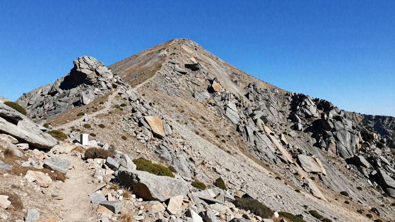 Boy Scout troop hiking on rocky mountain trail in clear weather.