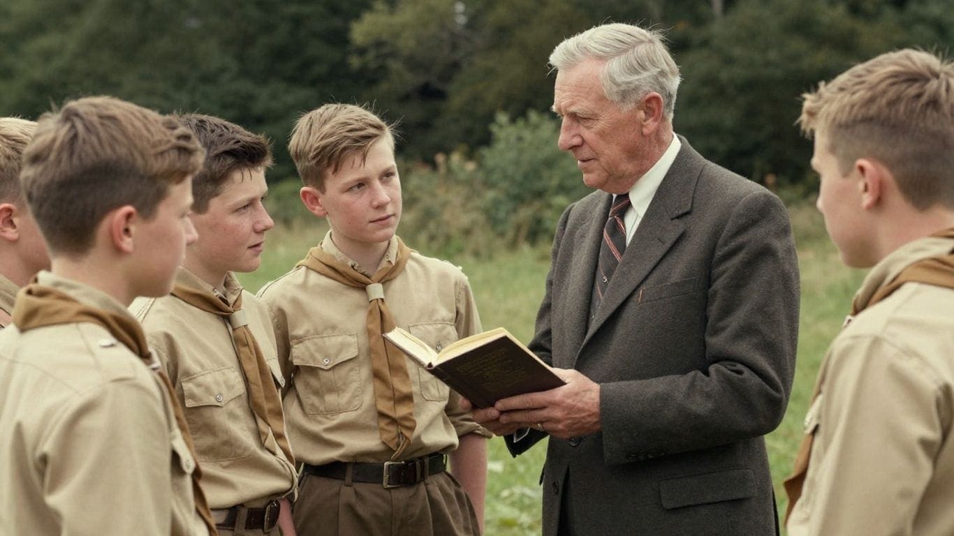 Young Scouts listening to a leader outdoors.