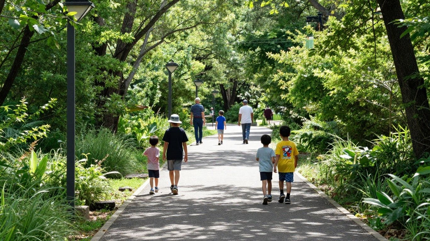 Troop GA-4100 boys and leaders walking on a nature trail in a lush park.