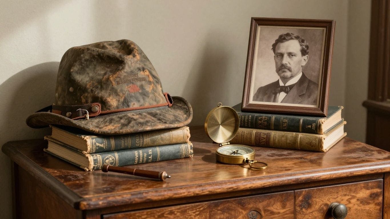 Vintage Scout hat, books, and portrait on wooden desk.