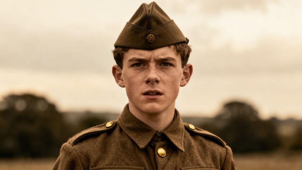 Young Scout in uniform with a serious expression outdoors.