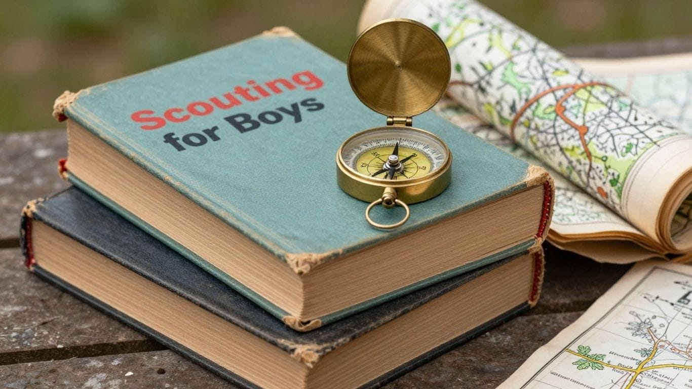 Scout book titled "Scouting for Boys" with a compass on top, placed on a wooden surface.
