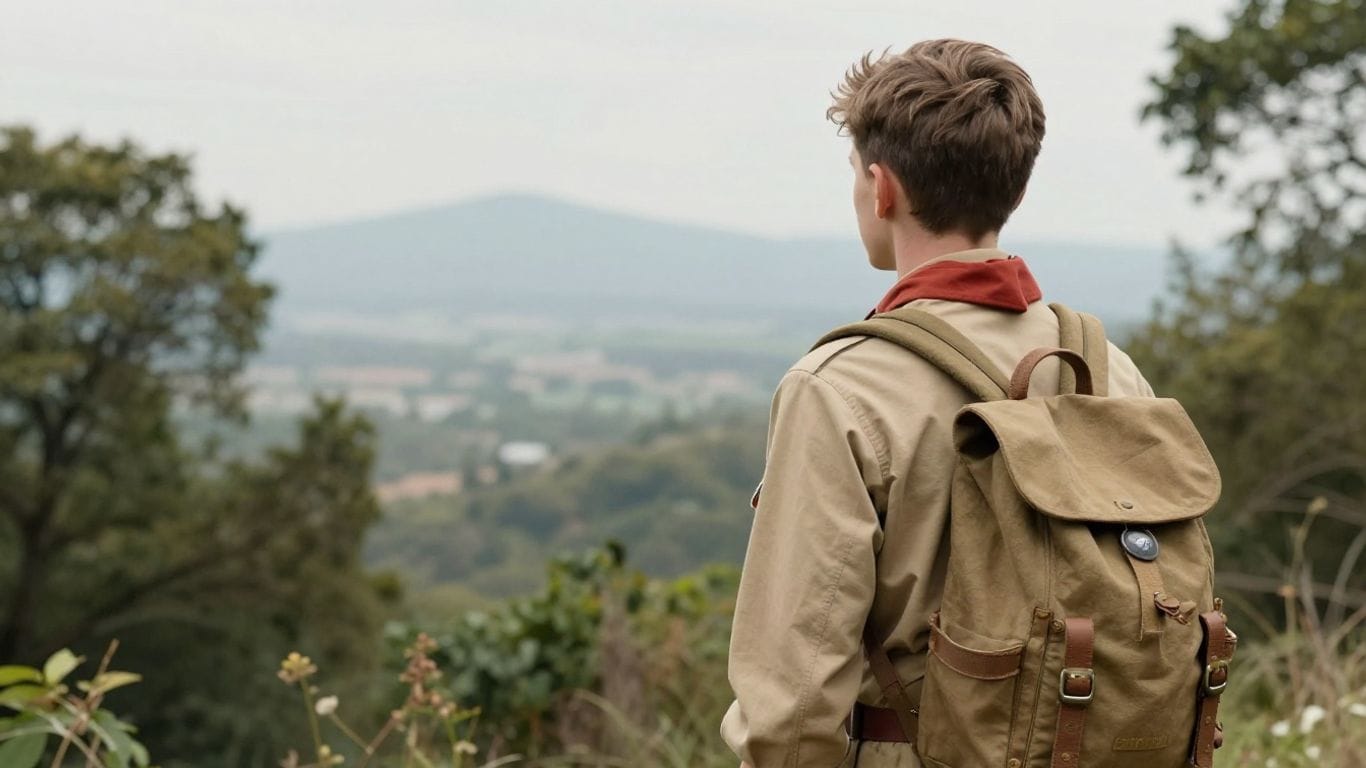 Boy Scout with backpack overlooking nature.