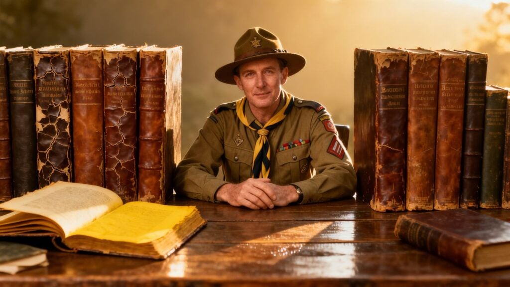 Scout leader sitting at a desk with books, wearing uniform and hat.