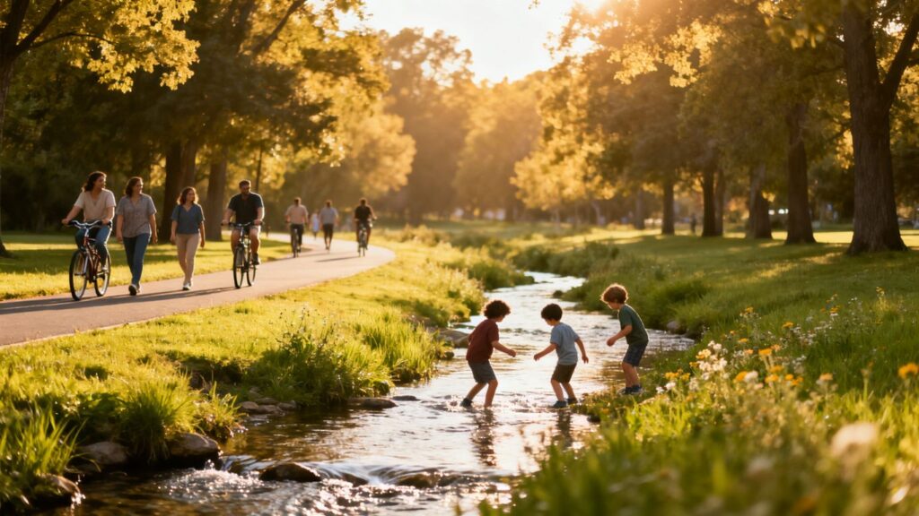 Troop GA-4100 members biking and children playing in creek at Big Creek Greenway.