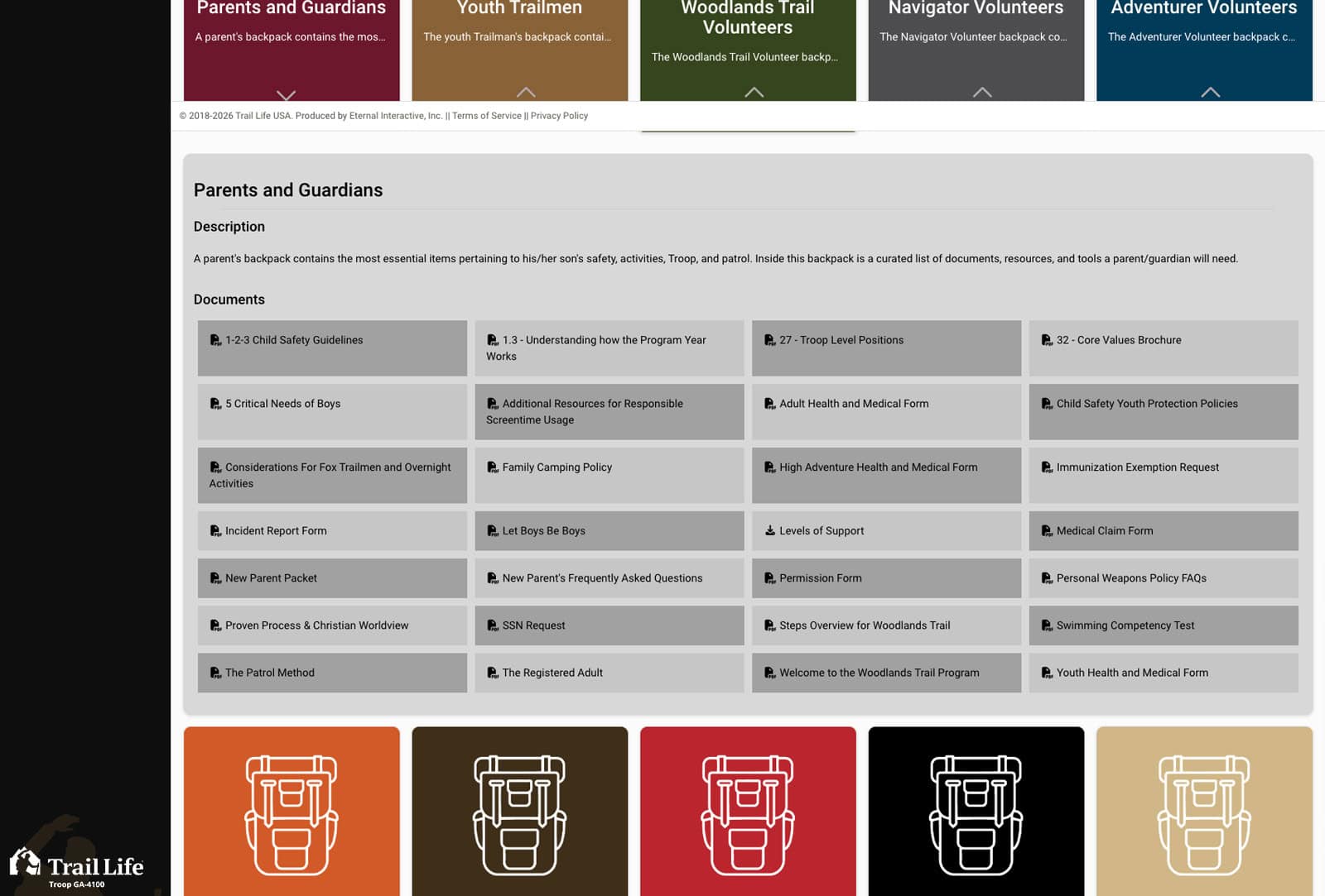 Parents and Guardians Backpack with essential items for outdoor activities.
