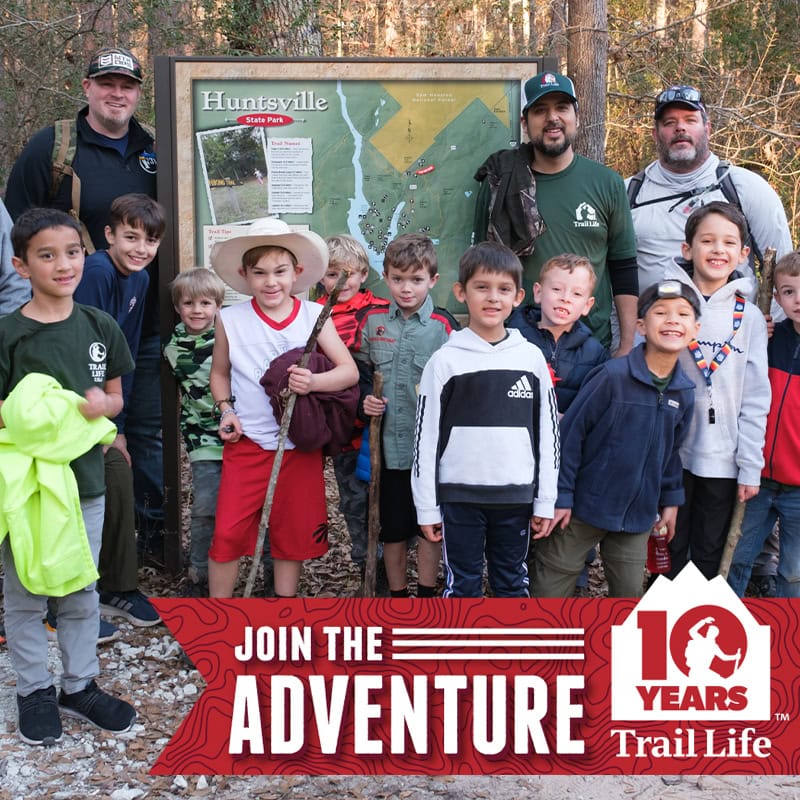 Group of Trail Life scouts and leaders at Huntsville State Park.
